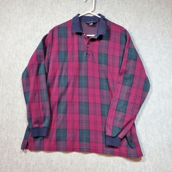 Land End Shirt Mens XL Red Rugby Plaid Polo Golf Performance Slit Vintage - Picture 1 of 8